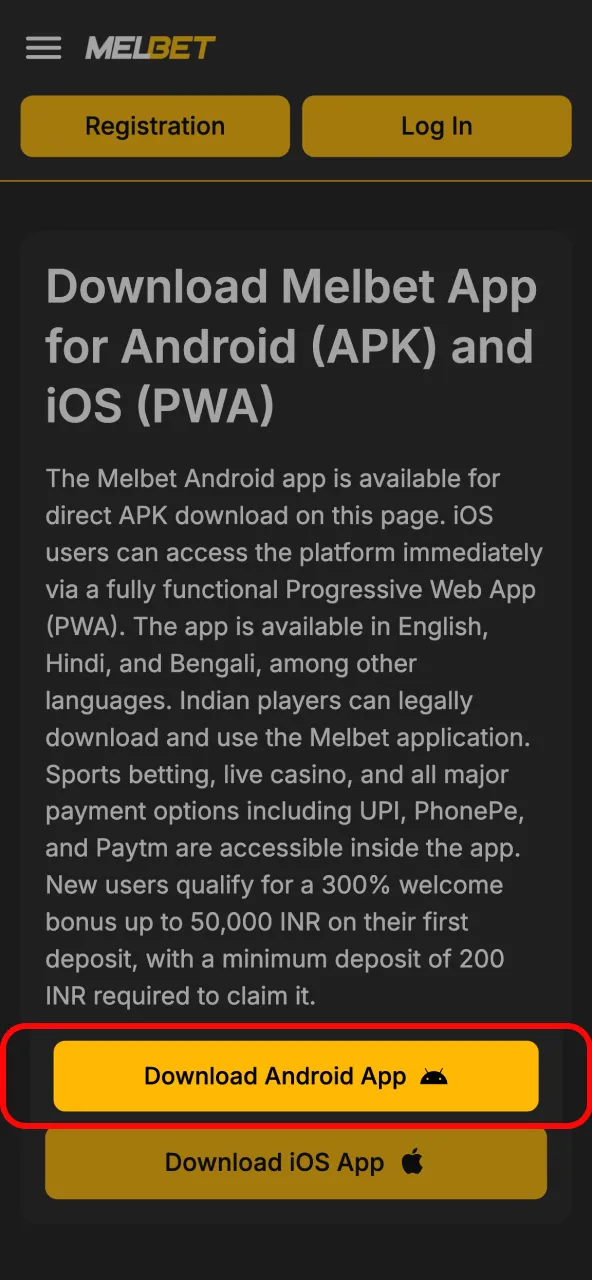 Click Android download button to install Melbet APK.