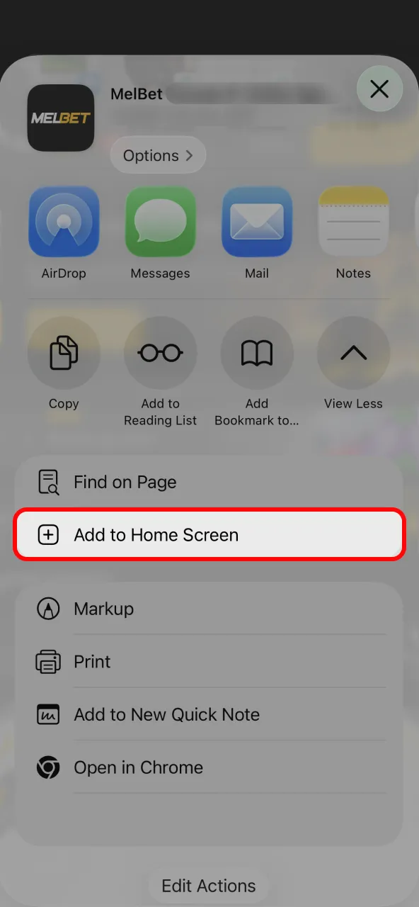 Create Melbet app icon via Safari share menu.