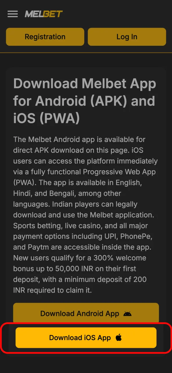 Click Get PWA for Melbet mobile access on iOS.