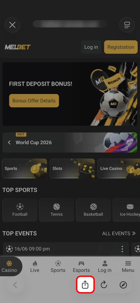 Use share menu in Safari to launch Melbet PWA.