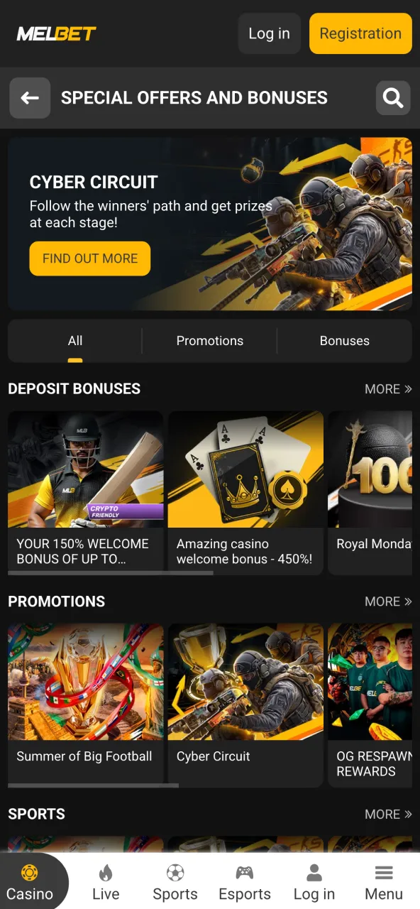 Claim rewards in Melbet promotions section.