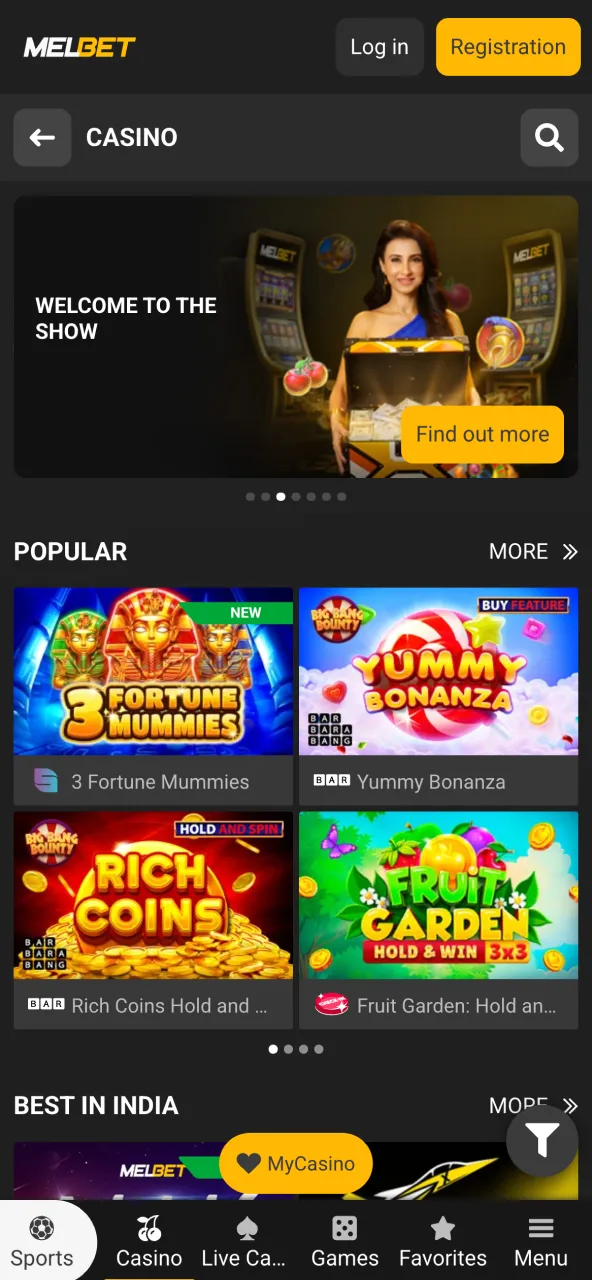 Browse Melbet app casino games collection.