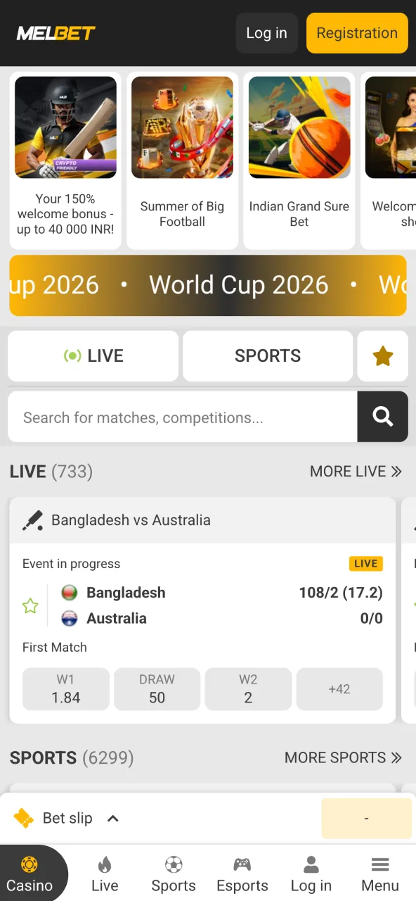 Explore Melbet main app page with all features.
