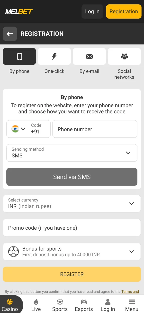 Create Melbet account via registration window.