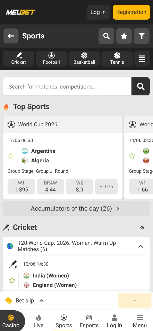 Overview of sports competitions via Melbet app.